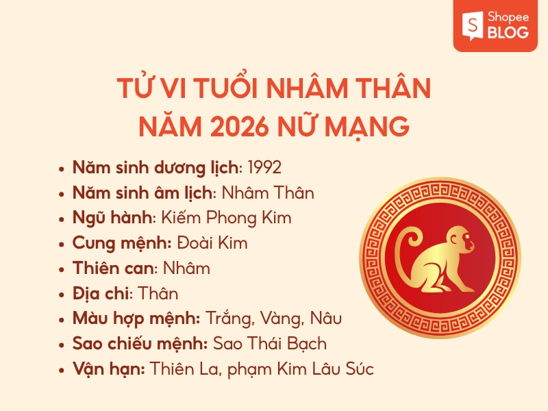 Tử vi tuổi Nhâm Thân 1992 nữ mạng năm 2026